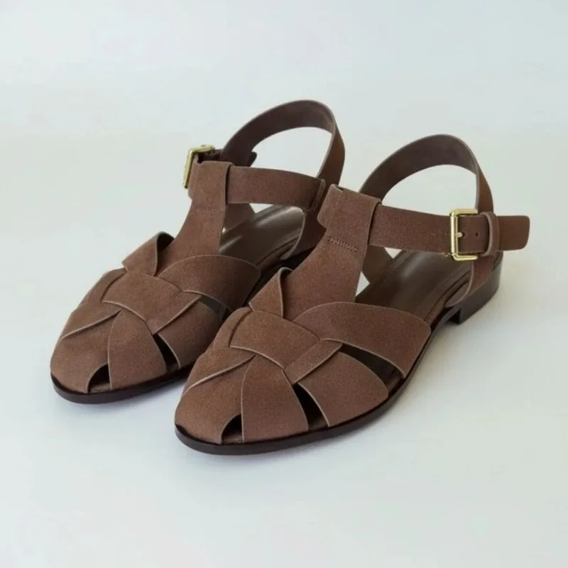 Brown Gladiator Sandals for Women 2026 New Summer Retro Woven Closed Toe Flat Sandals Comfort Buckle Strap Shoes