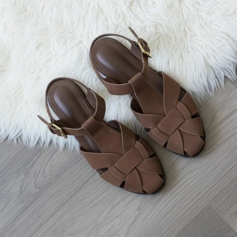 Brown Gladiator Sandals for Women 2026 New Summer Retro Woven Closed Toe Flat Sandals Comfort Buckle Strap Shoes