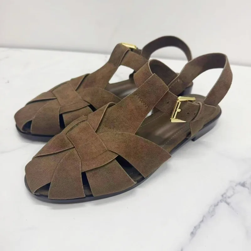 Brown Gladiator Sandals for Women 2026 New Summer Retro Woven Closed Toe Flat Sandals Comfort Buckle Strap Shoes