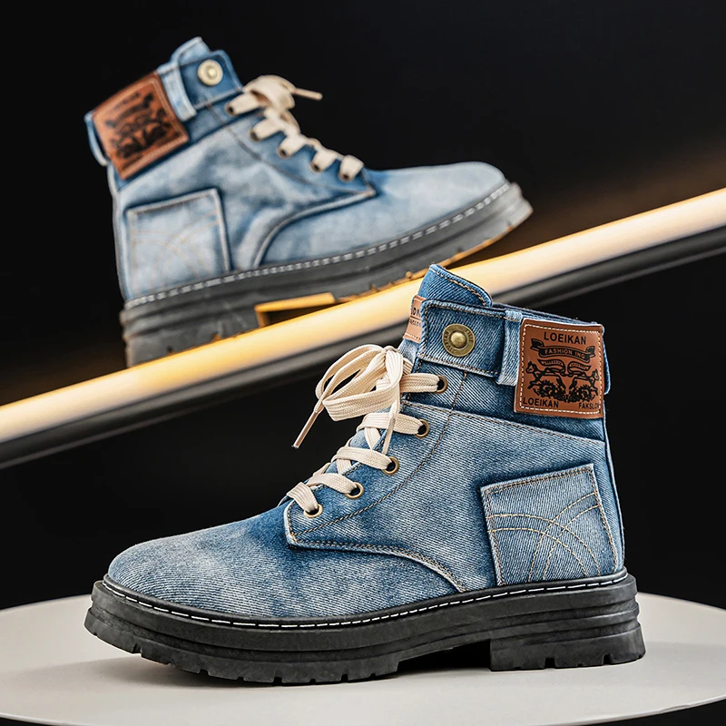 Men's high top denim boots, casual sports shoes, trendy and fashionable men's boots