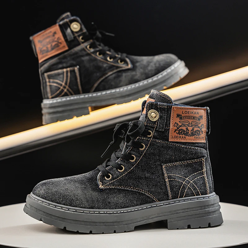 Men's high top denim boots, casual sports shoes, trendy and fashionable men's boots