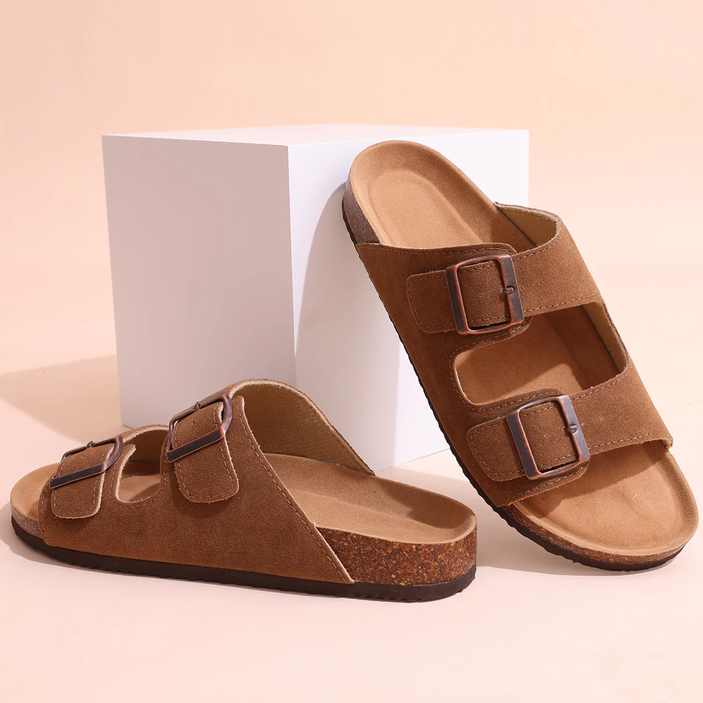 Smile Pop Classic Arizoan Men Suede Slippers Men Clogs Sandals Cow Suede Outdoor Antiskid Slippers with Adjustable Buckle Straps