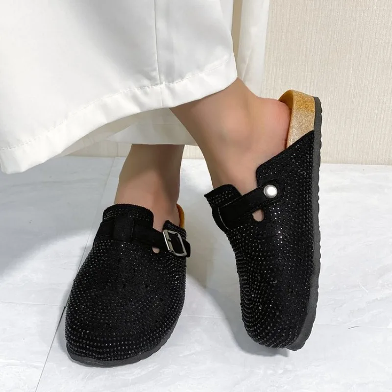Shiny Rhinestones Outdoor Slippers Women's Shoes 2026 Summer Trend Luxury Platform Sandals Black Buckle Cork Clog Luxury Mules