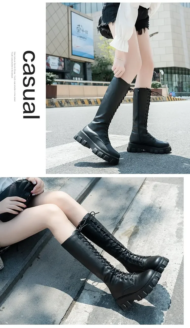 Winter women zipper new long boot Fashion lace up non slip shoes Casual Thick soled trend Boots comfortable ladies shoe Botas