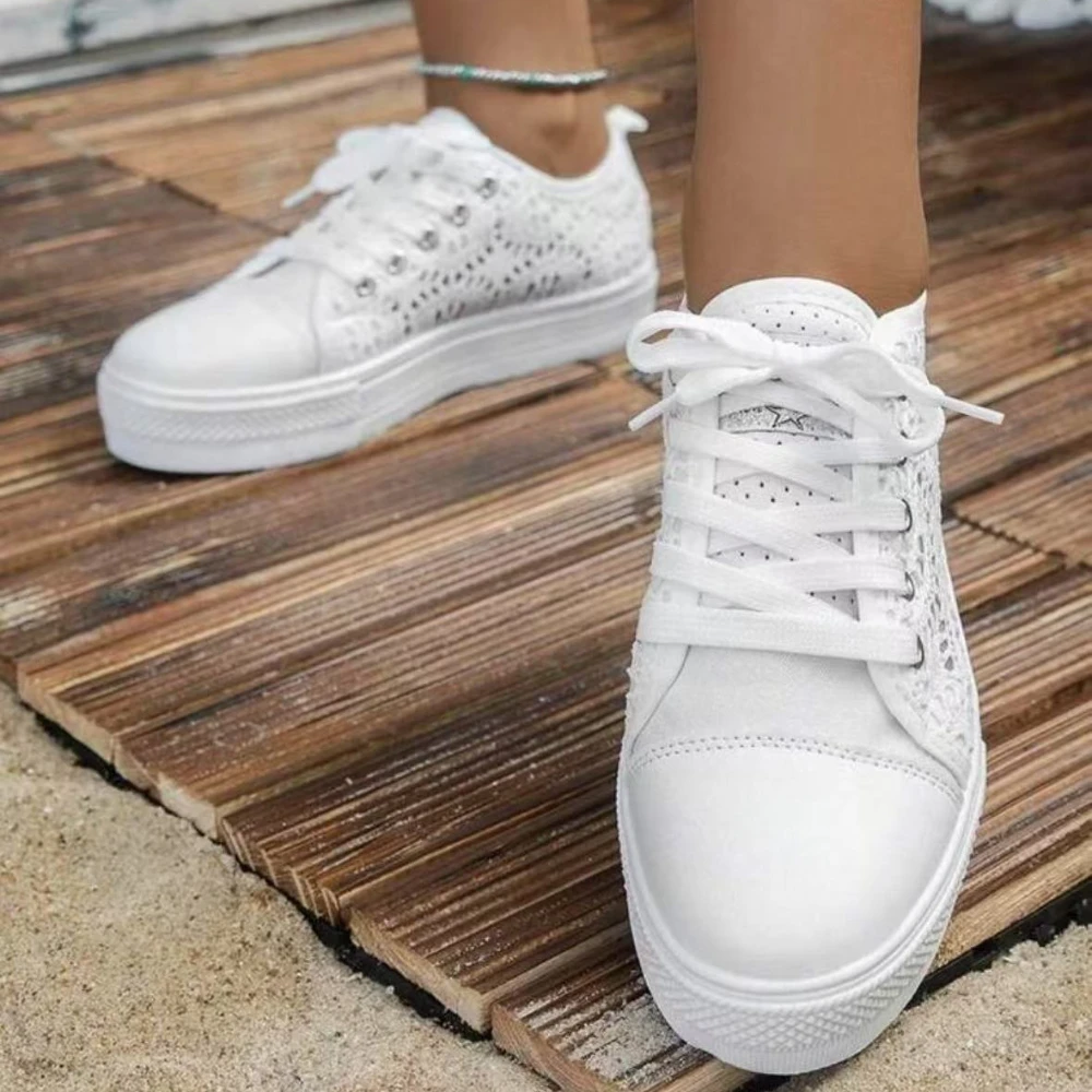 Women Shoes Fashion Summer Casual White Shoes Cutouts Lace Canvas Hollow Breathable Platform Flat Shoes Woman Sneakers