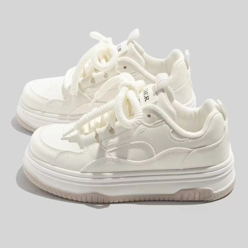 Round-toe Lace-up Casual White Thick-soled Vulcanized Shoes Seasonal New Comfortable Flat-soled Fashion Sneakers