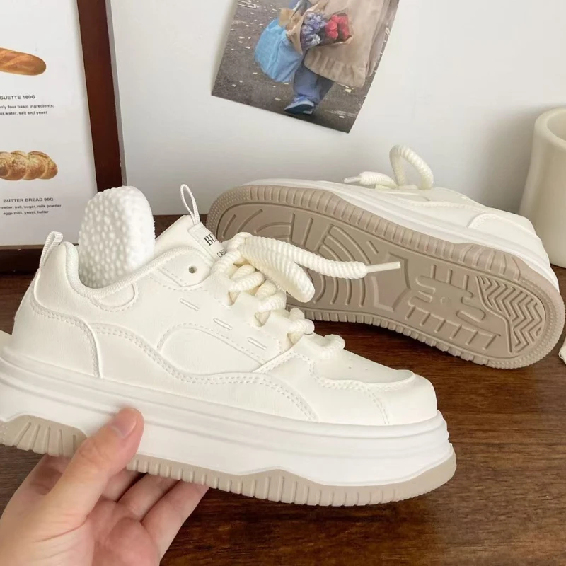 Round-toe Lace-up Casual White Thick-soled Vulcanized Shoes Seasonal New Comfortable Flat-soled Fashion Sneakers