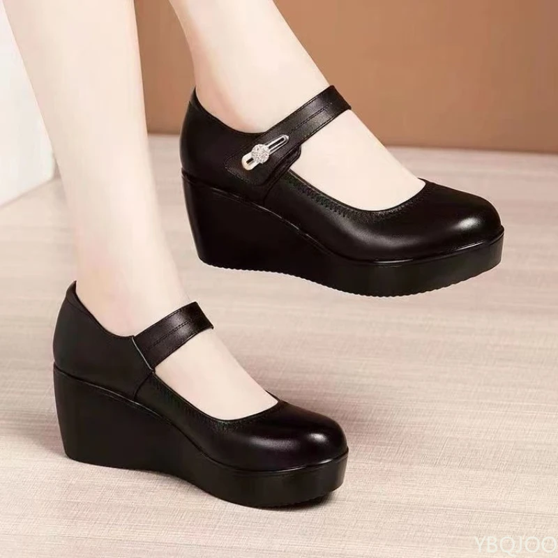 New Round toe Women's Shoes Casual Thick soled Comfort Shoes Versatile fashion high heels Slope heel ladies pumps Mujer Zapatos