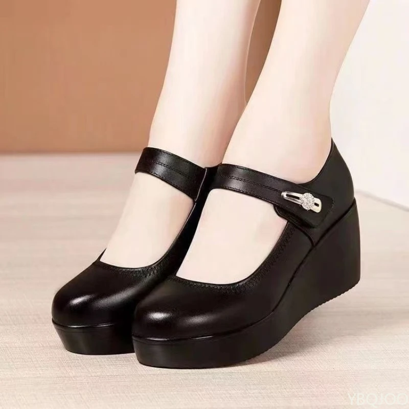 New Round toe Women's Shoes Casual Thick soled Comfort Shoes Versatile fashion high heels Slope heel ladies pumps Mujer Zapatos