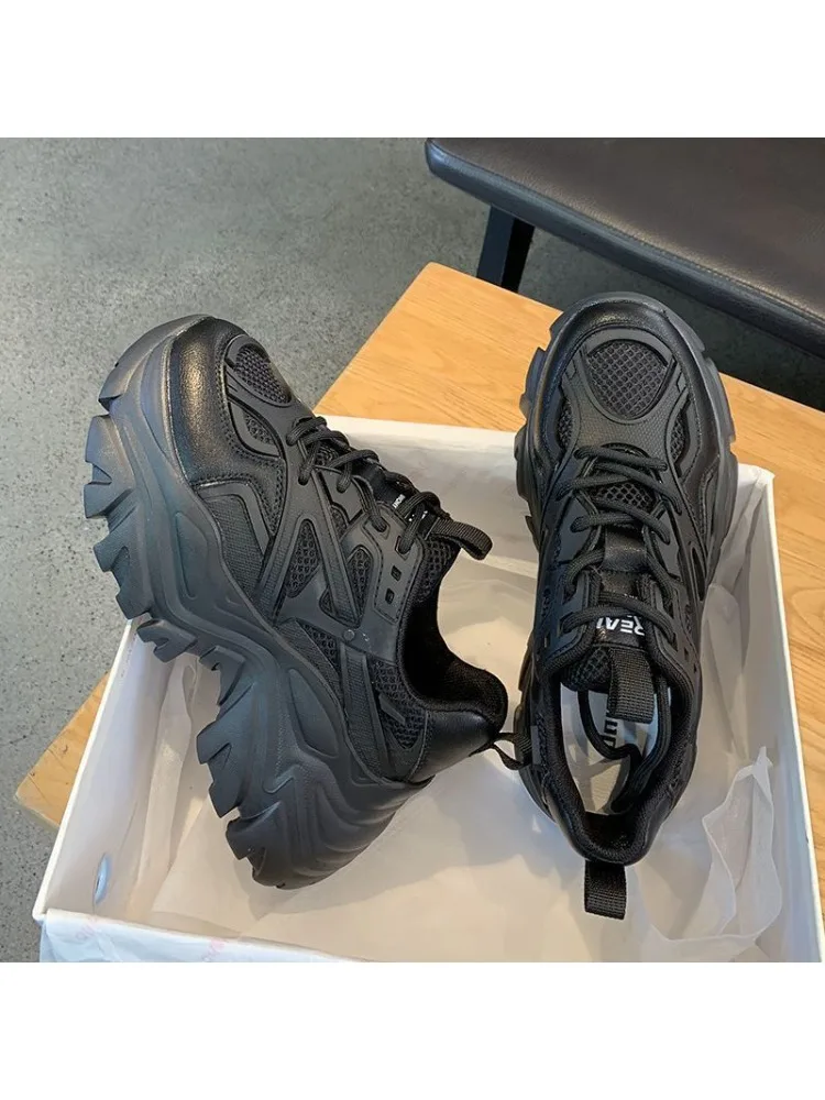 2024 New Women New Fashion Platform Sport Shoes Women Summer Black Casual Chunky Sneakers Women Mesh Leather Platform Shoes