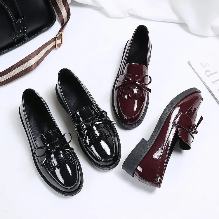 Womens Shoes Patent Leather Women Loafers British Tassel Casual Female Flat Shoes Bowknot Comfortable Small Leather Shoes