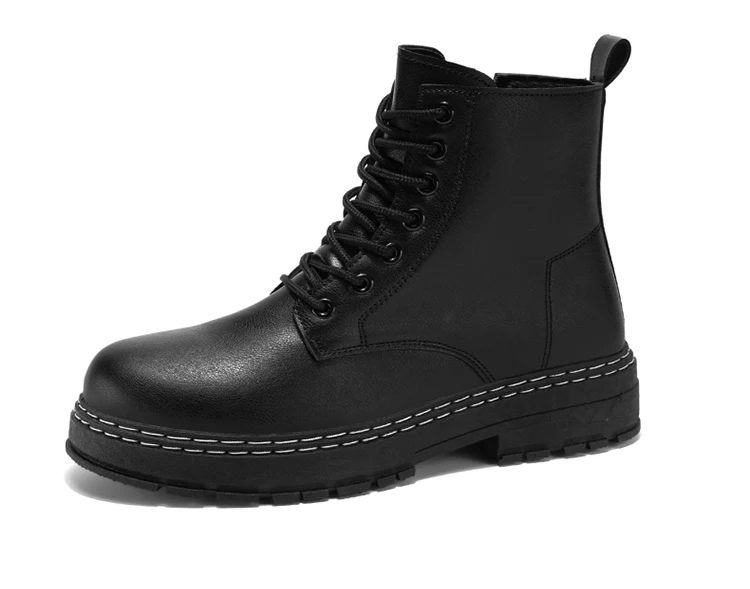 British Style Black High Top Work Boots, Platform Height Increasing Ankle Boots for Outdoor & Commute