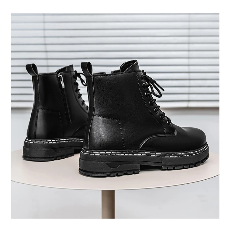 British Style Black High Top Work Boots, Platform Height Increasing Ankle Boots for Outdoor & Commute
