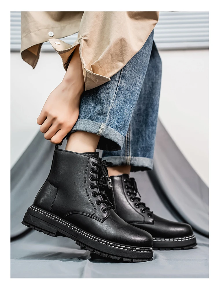 British Style Black High Top Work Boots, Platform Height Increasing Ankle Boots for Outdoor & Commute