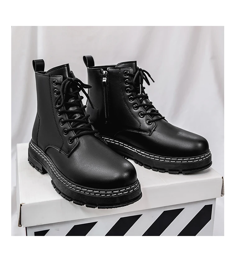 British Style Black High Top Work Boots, Platform Height Increasing Ankle Boots for Outdoor & Commute