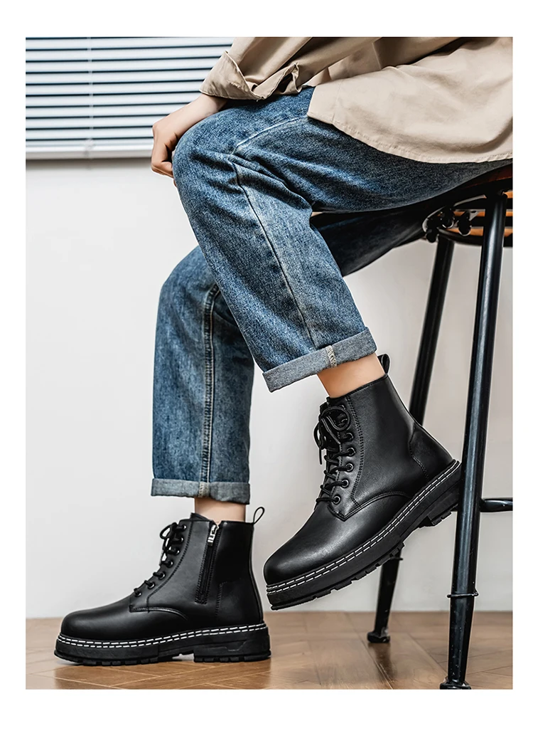 British Style Black High Top Work Boots, Platform Height Increasing Ankle Boots for Outdoor & Commute
