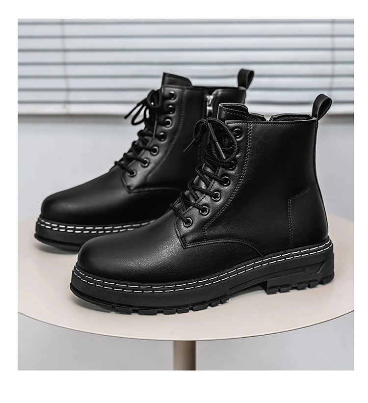 British Style Black High Top Work Boots, Platform Height Increasing Ankle Boots for Outdoor & Commute