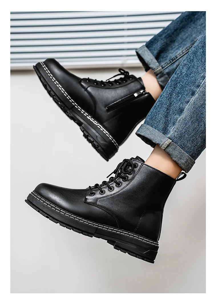 British Style Black High Top Work Boots, Platform Height Increasing Ankle Boots for Outdoor & Commute
