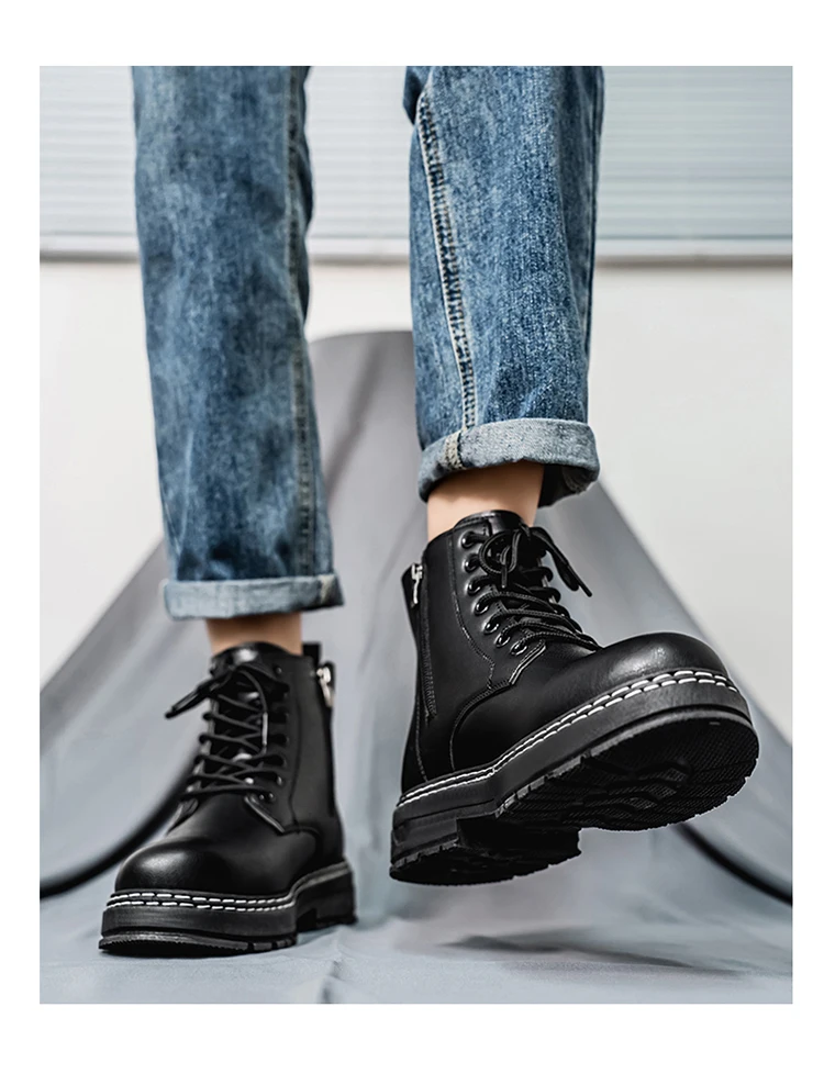 British Style Black High Top Work Boots, Platform Height Increasing Ankle Boots for Outdoor & Commute