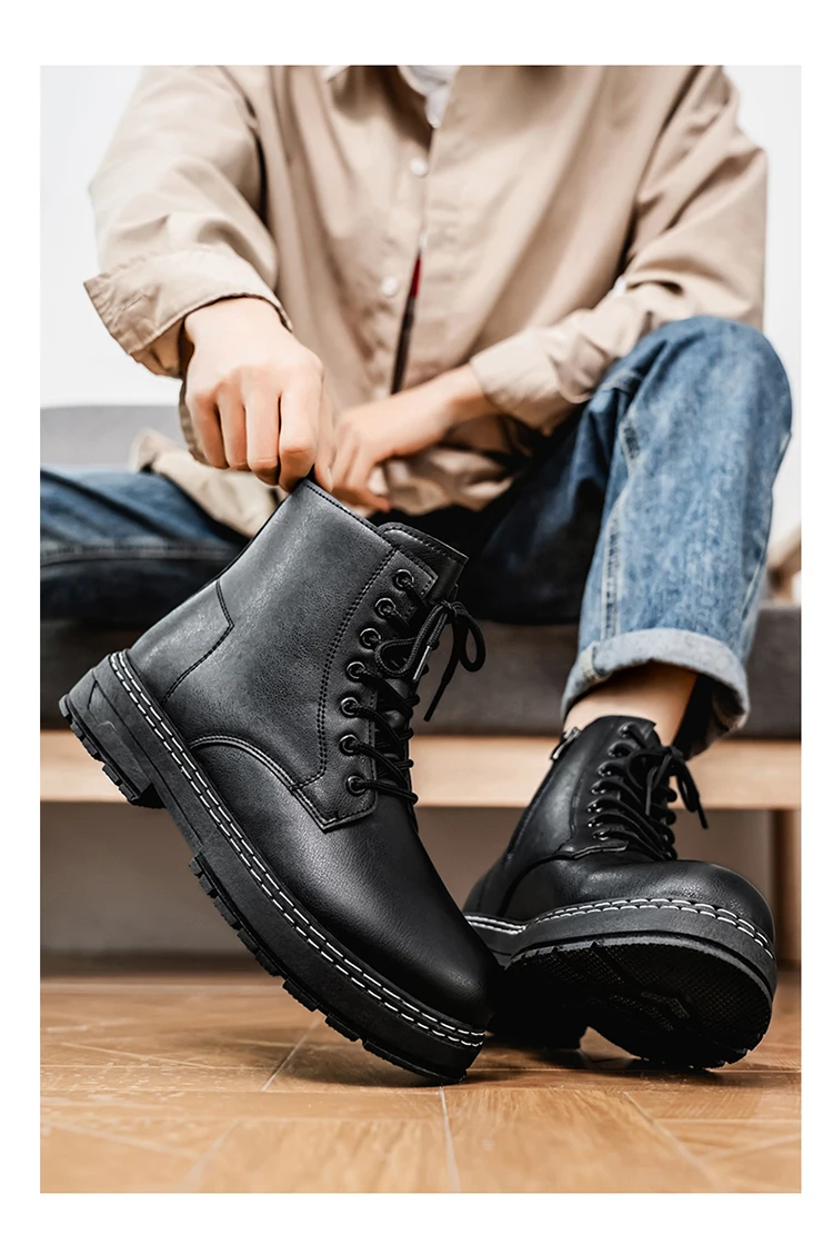 British Style Black High Top Work Boots, Platform Height Increasing Ankle Boots for Outdoor & Commute