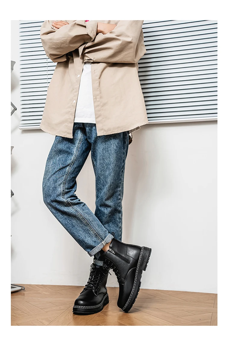 British Style Black High Top Work Boots, Platform Height Increasing Ankle Boots for Outdoor & Commute