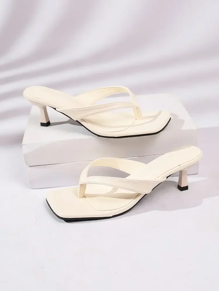 Square Toe Thong Mule Sandals Women Kitten Heel Flip Flop Slide Shoes