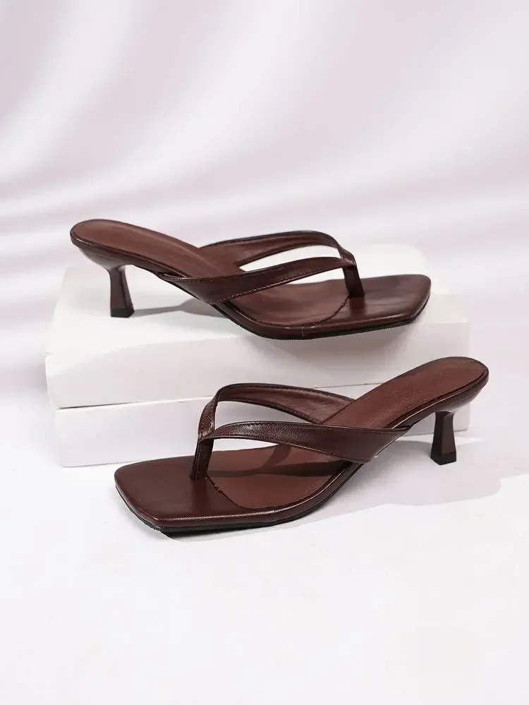 Square Toe Thong Mule Sandals Women Kitten Heel Flip Flop Slide Shoes