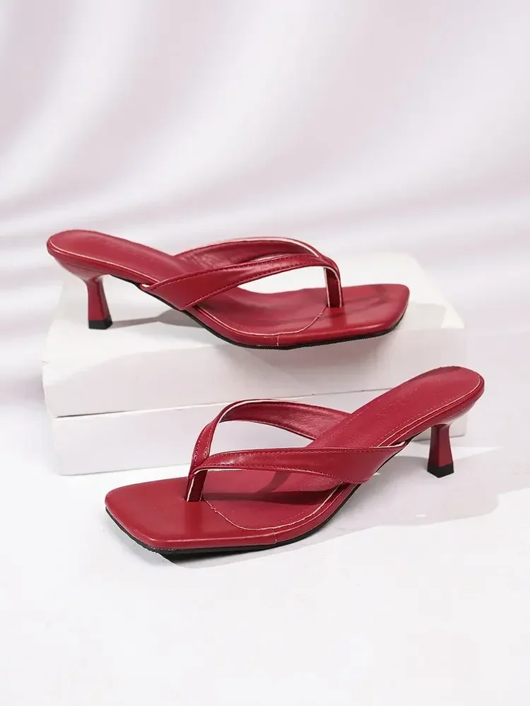Square Toe Thong Mule Sandals Women Kitten Heel Flip Flop Slide Shoes