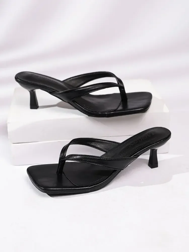 Square Toe Thong Mule Sandals Women Kitten Heel Flip Flop Slide Shoes