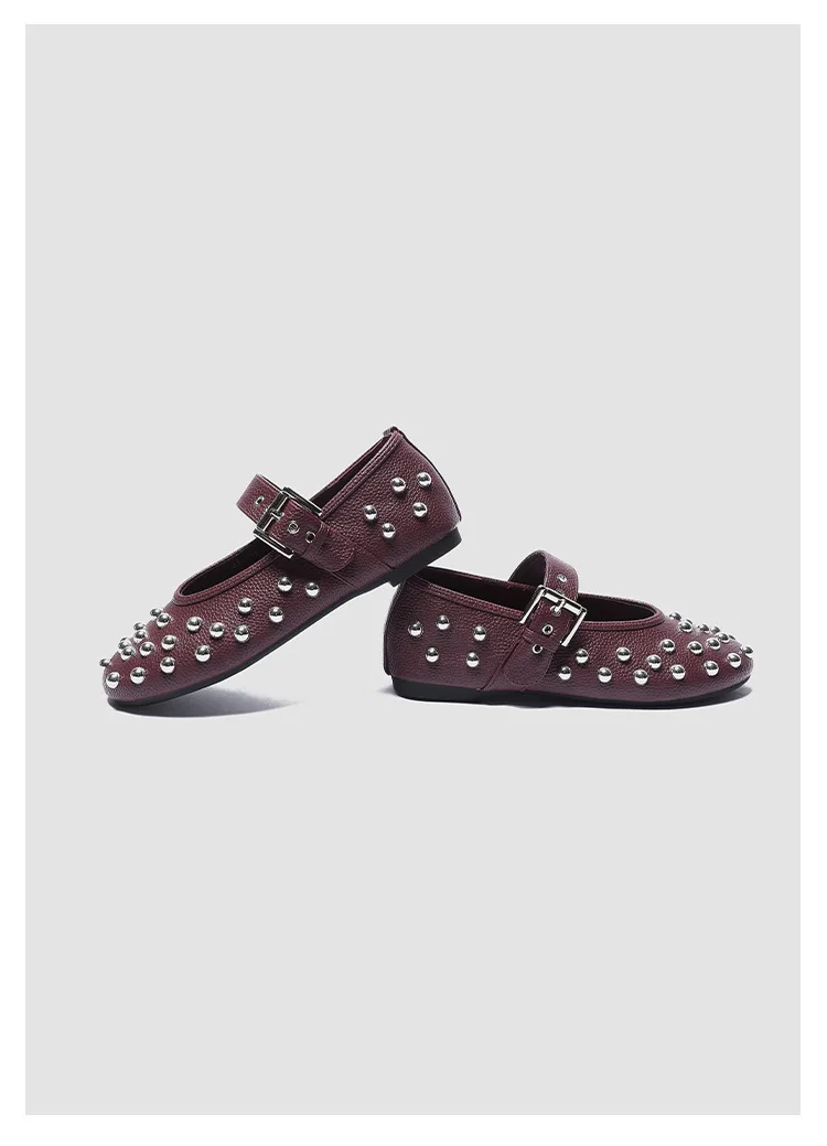 Women's Studded Mary Jane Flats Buckle Strap Leather/Suede Ballet Flats Punk Rivet Casual Shoes for Daily Party Wear Shoes Women