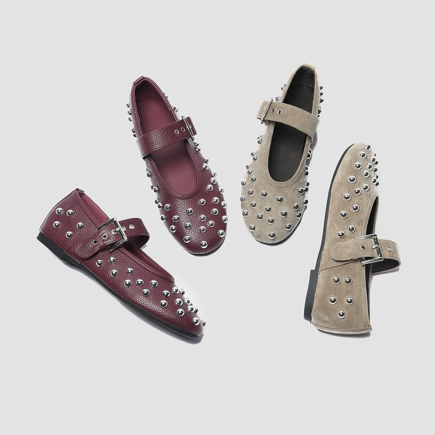 Women's Studded Mary Jane Flats Buckle Strap Leather/Suede Ballet Flats Punk Rivet Casual Shoes for Daily Party Wear Shoes Women