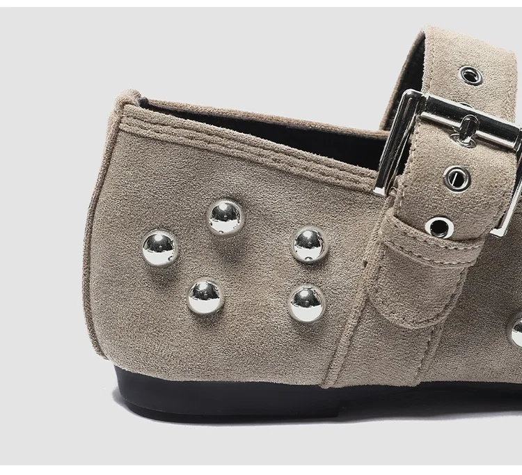 Women's Studded Mary Jane Flats Buckle Strap Leather/Suede Ballet Flats Punk Rivet Casual Shoes for Daily Party Wear Shoes Women
