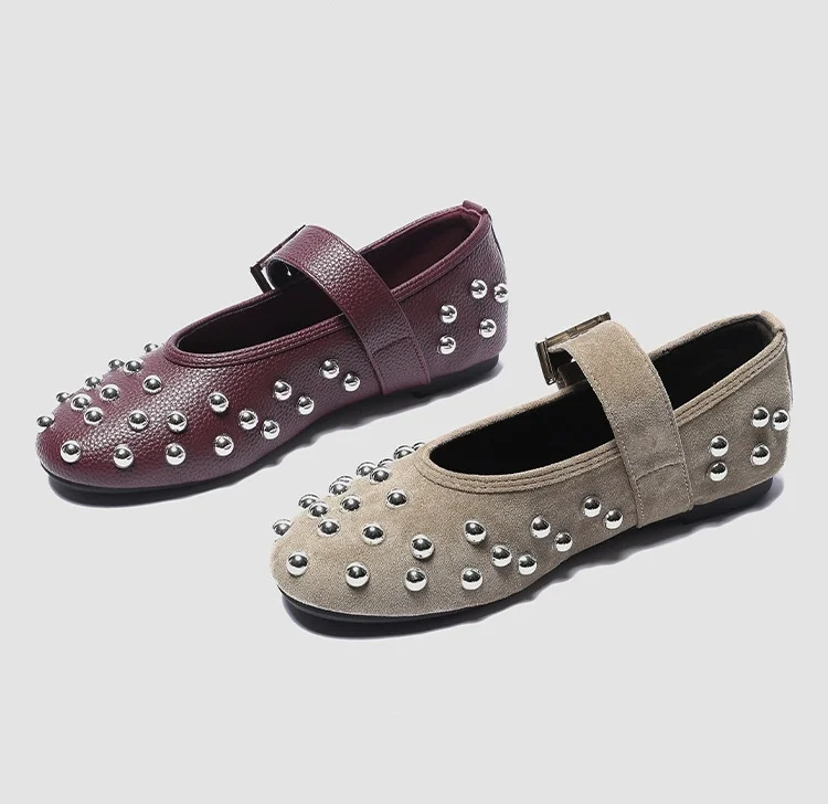 Women's Studded Mary Jane Flats Buckle Strap Leather/Suede Ballet Flats Punk Rivet Casual Shoes for Daily Party Wear Shoes Women