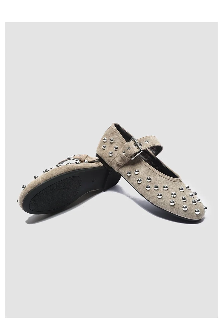 Women's Studded Mary Jane Flats Buckle Strap Leather/Suede Ballet Flats Punk Rivet Casual Shoes for Daily Party Wear Shoes Women