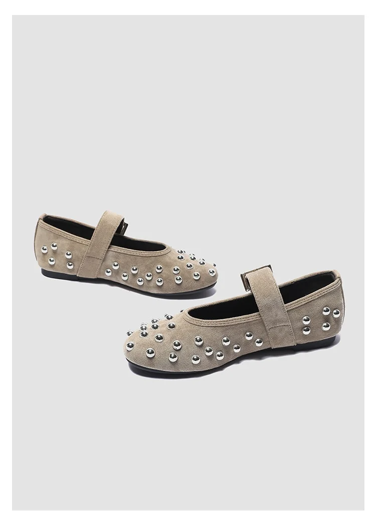 Women's Studded Mary Jane Flats Buckle Strap Leather/Suede Ballet Flats Punk Rivet Casual Shoes for Daily Party Wear Shoes Women