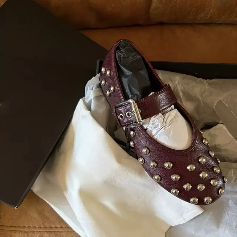 Women's Studded Mary Jane Flats Buckle Strap Leather/Suede Ballet Flats Punk Rivet Casual Shoes for Daily Party Wear Shoes Women