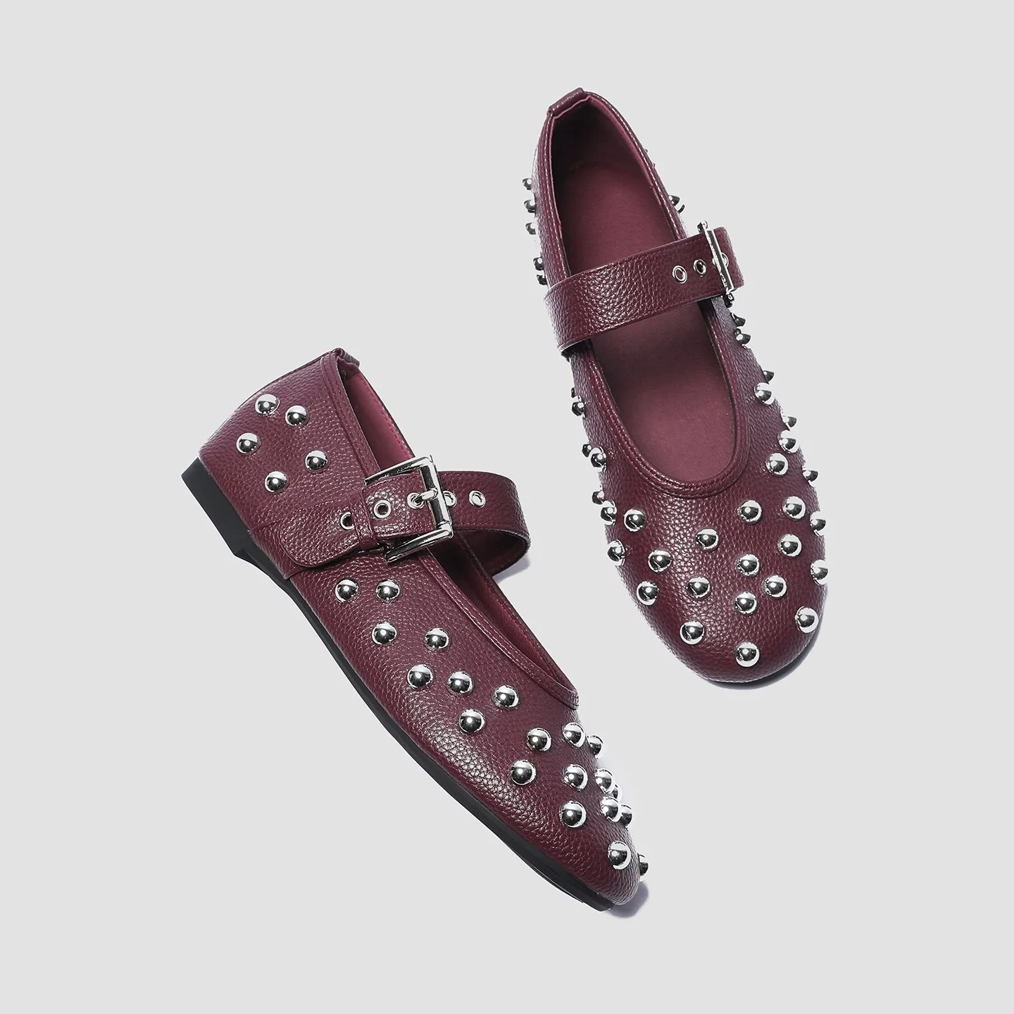 Women's Studded Mary Jane Flats Buckle Strap Leather/Suede Ballet Flats Punk Rivet Casual Shoes for Daily Party Wear Shoes Women