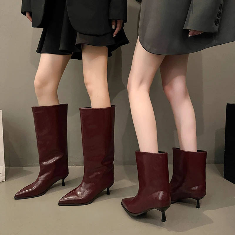 Winter Thin Low Heels Women Knee-High Boots Fashion Pointed Toe Wedding Party Shoes Ladies Elegant Slip On Long Booties