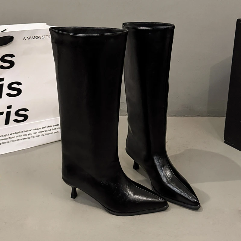 Winter Thin Low Heels Women Knee-High Boots Fashion Pointed Toe Wedding Party Shoes Ladies Elegant Slip On Long Booties