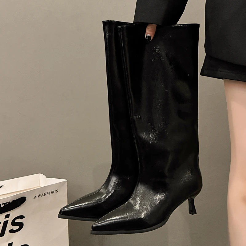 Winter Thin Low Heels Women Knee-High Boots Fashion Pointed Toe Wedding Party Shoes Ladies Elegant Slip On Long Booties