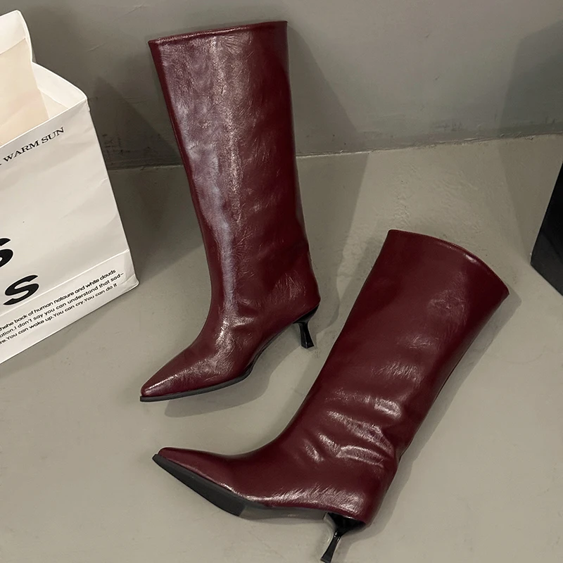Winter Thin Low Heels Women Knee-High Boots Fashion Pointed Toe Wedding Party Shoes Ladies Elegant Slip On Long Booties