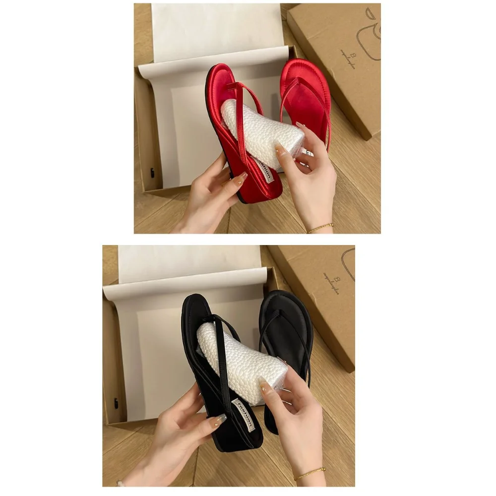 Women's Red Suede Wedge Flip Flops, Open Toe Summer Slides, Comfortable Footwear for Beach Vacation Wear