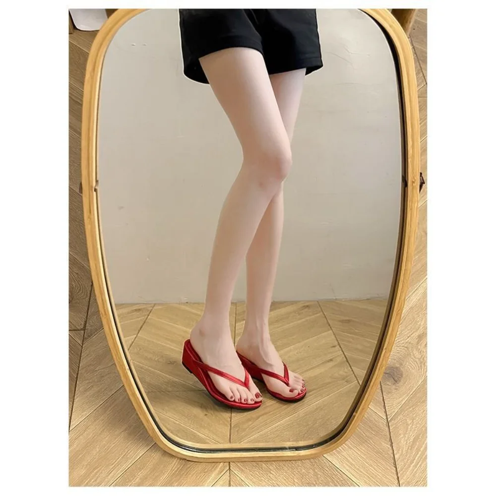 Women's Red Suede Wedge Flip Flops, Open Toe Summer Slides, Comfortable Footwear for Beach Vacation Wear