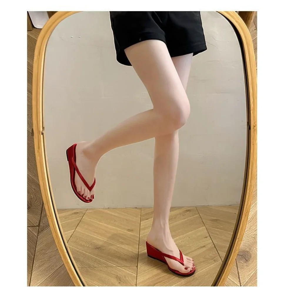 Women's Red Suede Wedge Flip Flops, Open Toe Summer Slides, Comfortable Footwear for Beach Vacation Wear