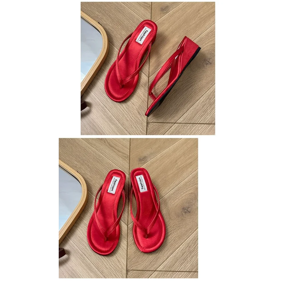 Women's Red Suede Wedge Flip Flops, Open Toe Summer Slides, Comfortable Footwear for Beach Vacation Wear