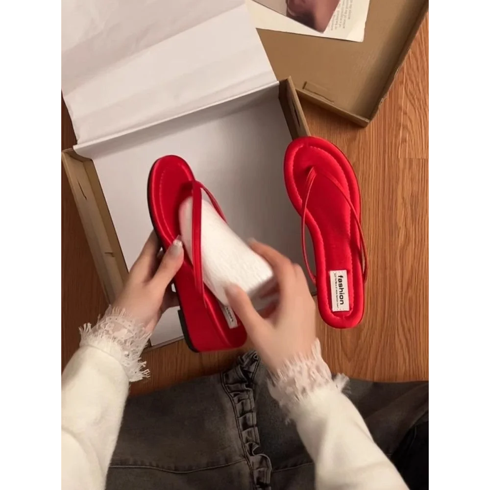 Women's Red Suede Wedge Flip Flops, Open Toe Summer Slides, Comfortable Footwear for Beach Vacation Wear