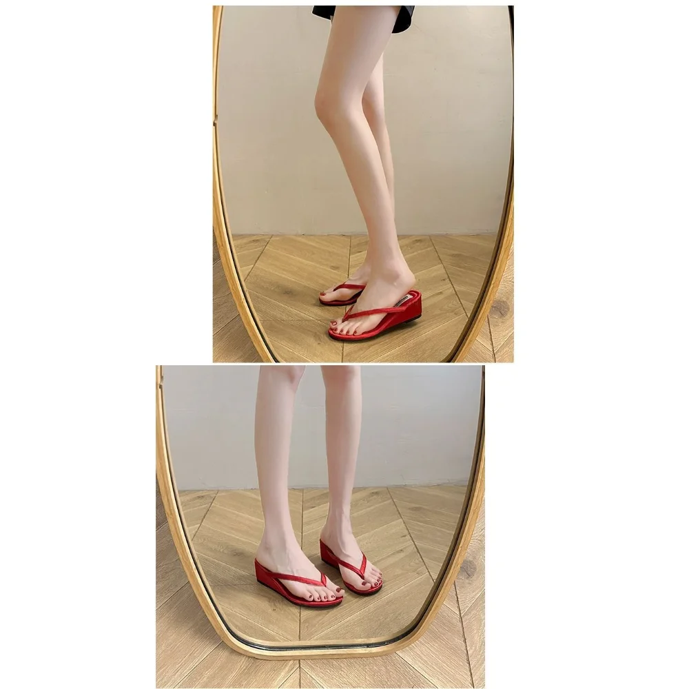 Women's Red Suede Wedge Flip Flops, Open Toe Summer Slides, Comfortable Footwear for Beach Vacation Wear