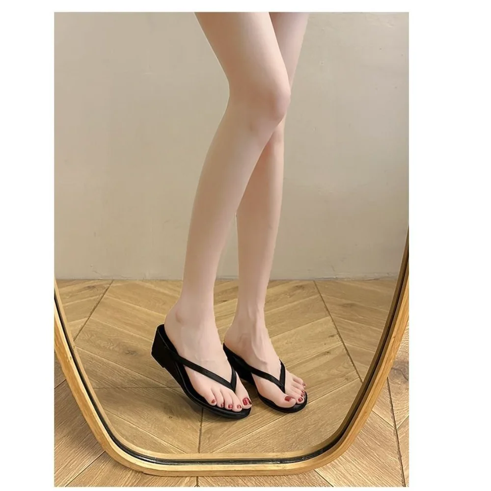 Women's Red Suede Wedge Flip Flops, Open Toe Summer Slides, Comfortable Footwear for Beach Vacation Wear