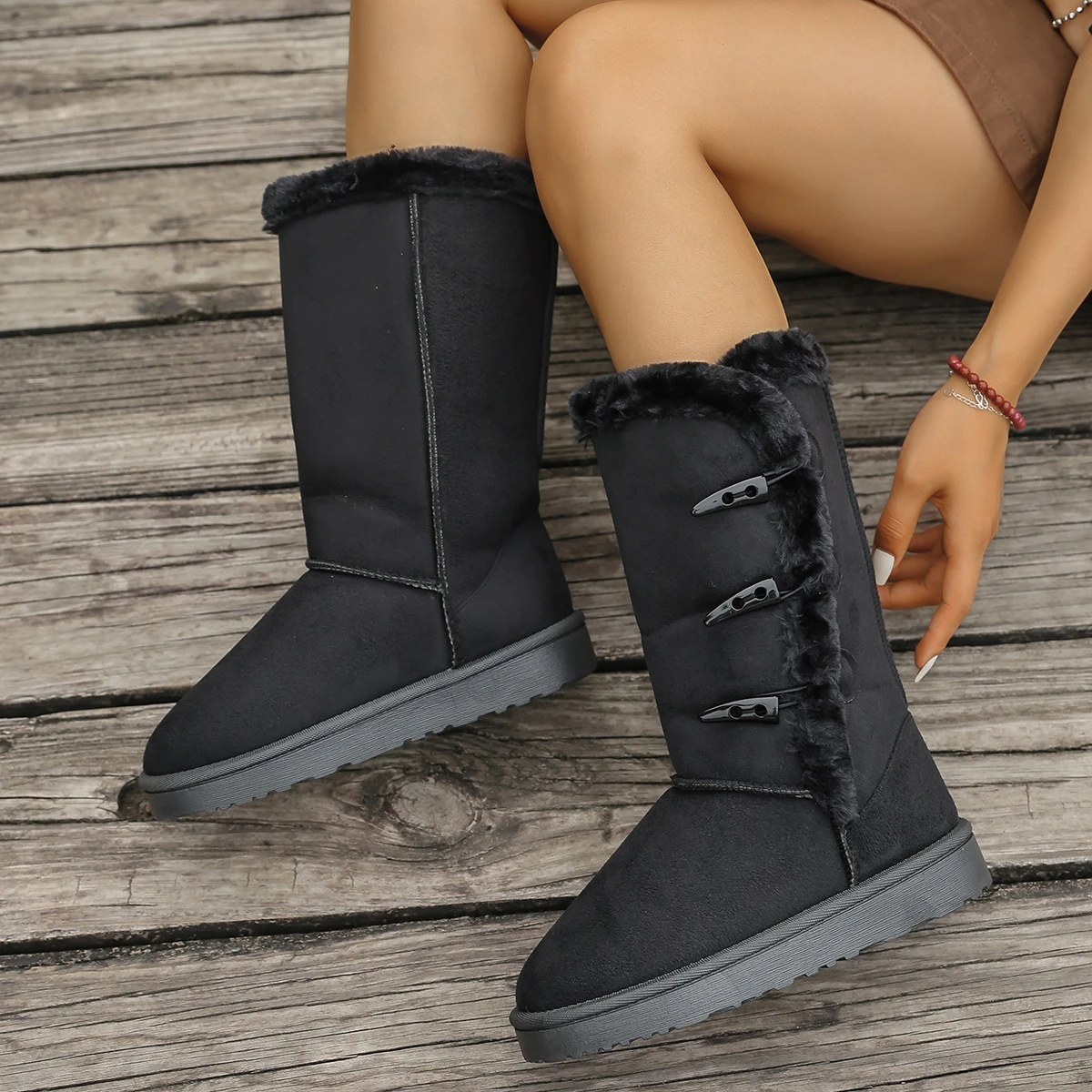 Women Snow Boots Winter Mid-calf Boots Warm Cotton Shoes Fashion Solid Color Button Ladies Brown Long Boots Plus Size 36-42