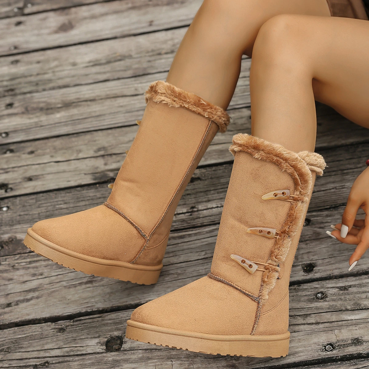 Women Snow Boots Winter Mid-calf Boots Warm Cotton Shoes Fashion Solid Color Button Ladies Brown Long Boots Plus Size 36-42